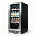 OLEA outdoor wine cabinet 38cm single zone, three-quarter view, glass door closed and stocked