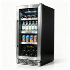 OLEA outdoor wine cabinet 38cm single zone, three-quarter view, glass door closed and stocked