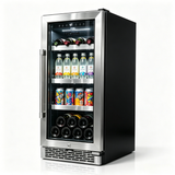 OLEA outdoor wine cabinet 38cm single zone, three-quarter view, glass door closed and stocked