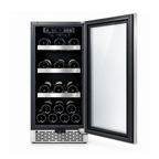 Outdoor wine cabinet 38cm with the glass door open, showing the wine shelves
