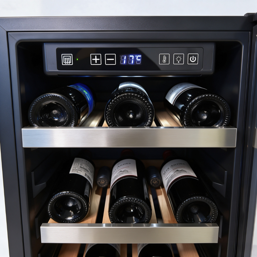 Wine bottles on the beech shelves with the digital control panel above