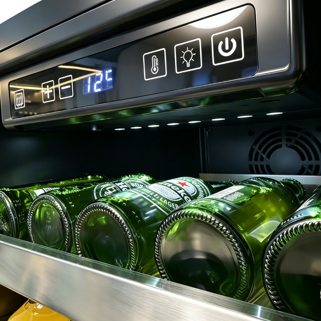 Digital control panel and interior lighting above chilled bottles