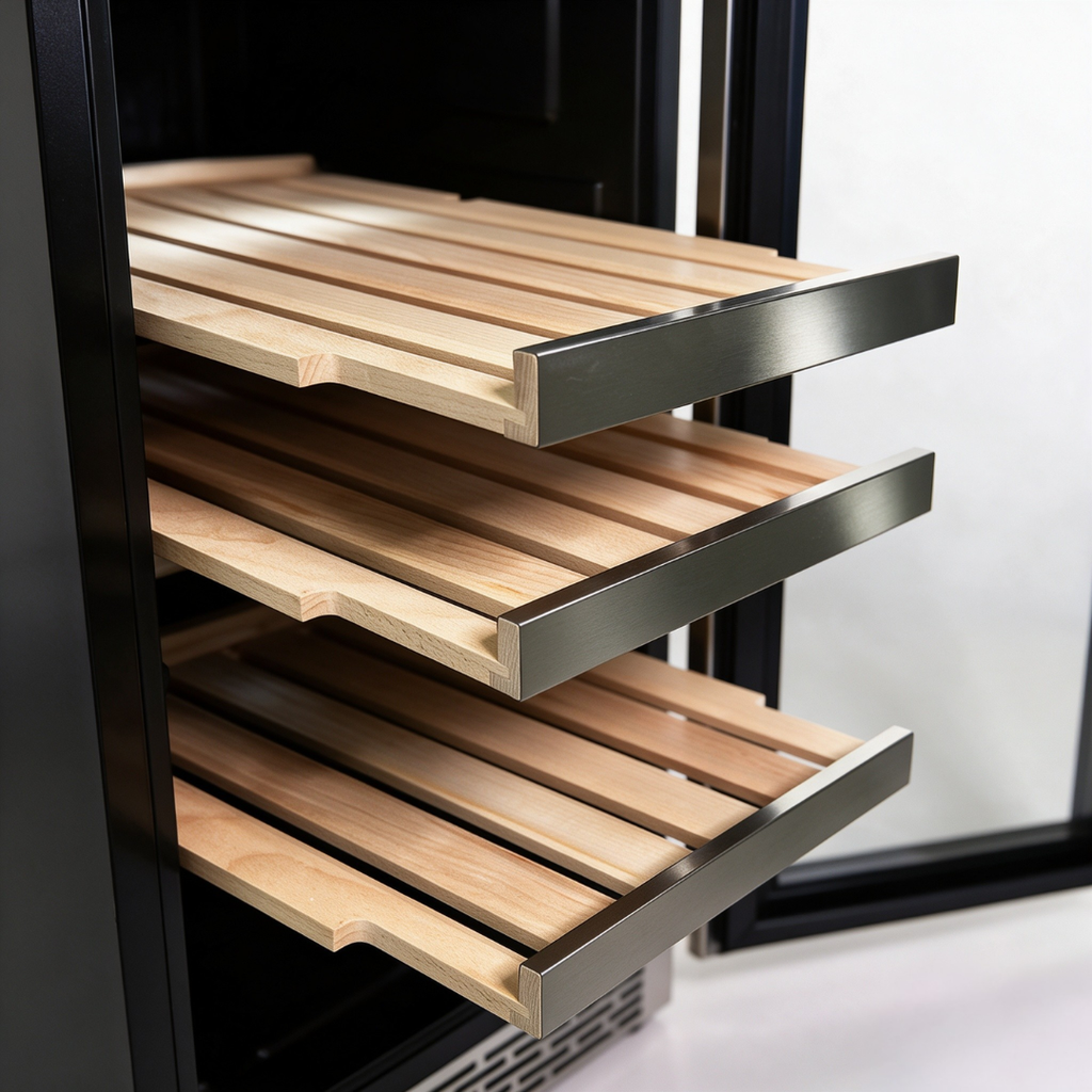 Sliding solid beech shelves pulled out of the 38cm wine cabinet