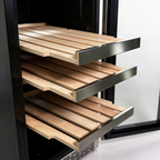 Sliding solid beech shelves pulled out of the 38cm wine cabinet