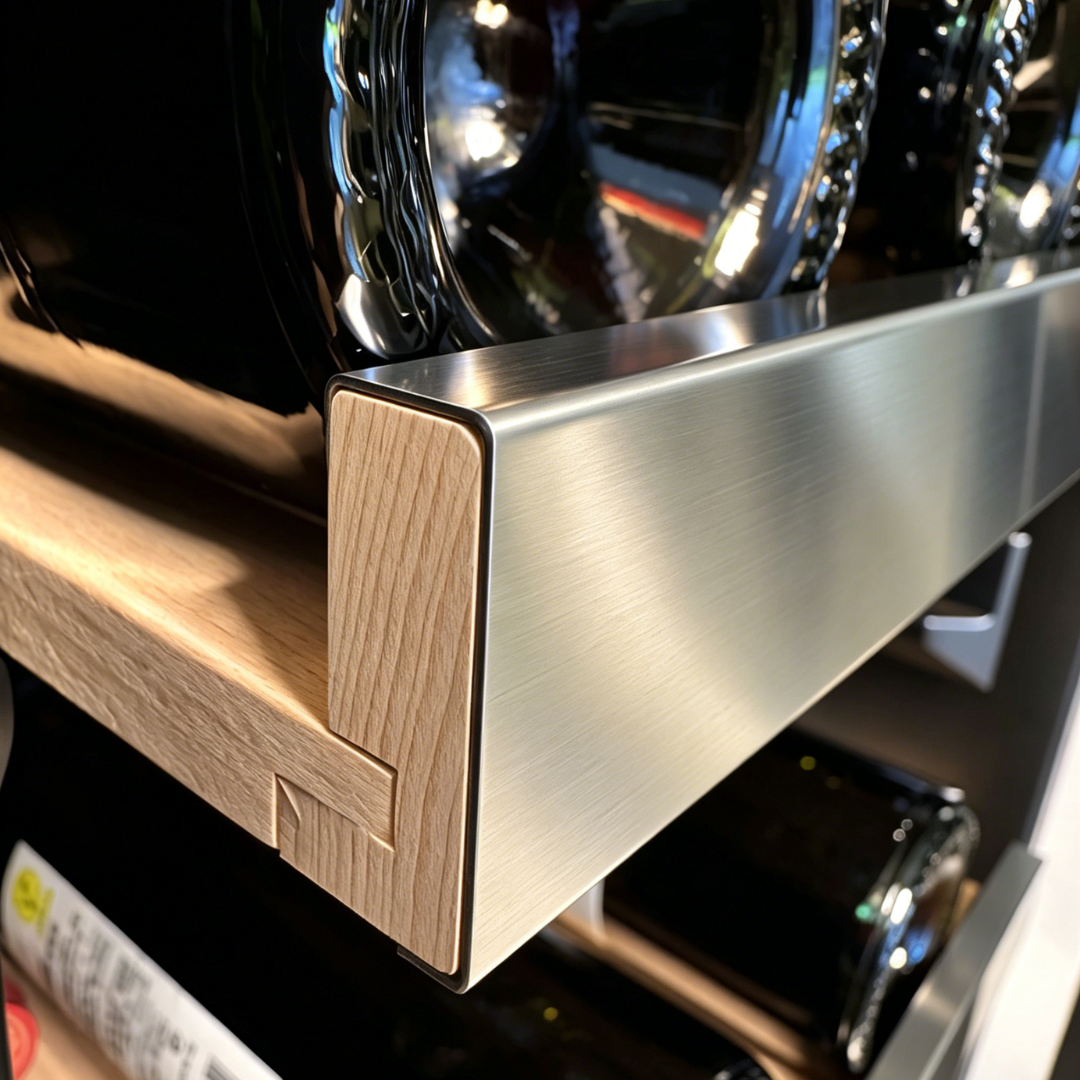 Beech shelf and stainless steel front edge sliding on its runner