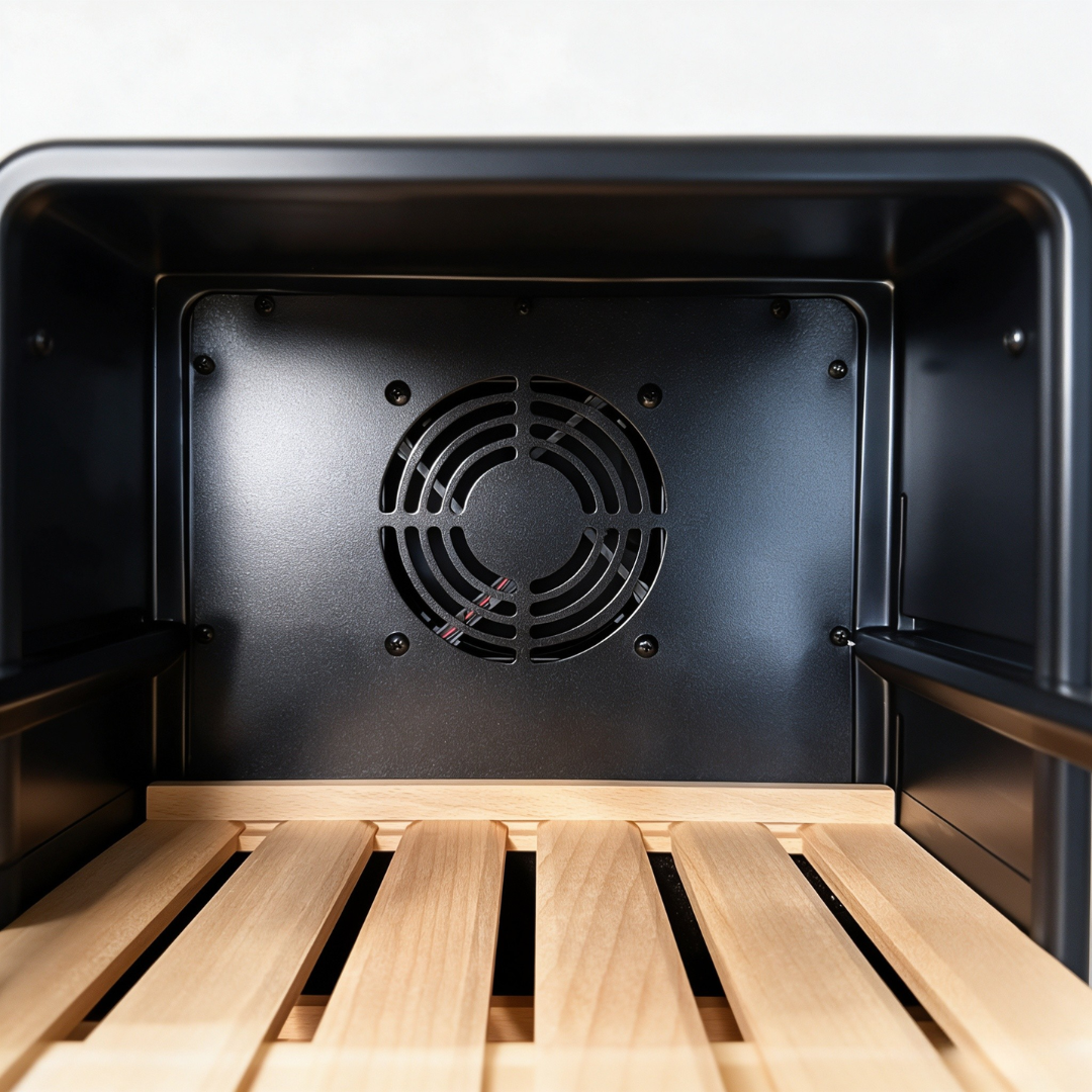 Circulation fan and beech shelf inside the 38cm wine cabinet