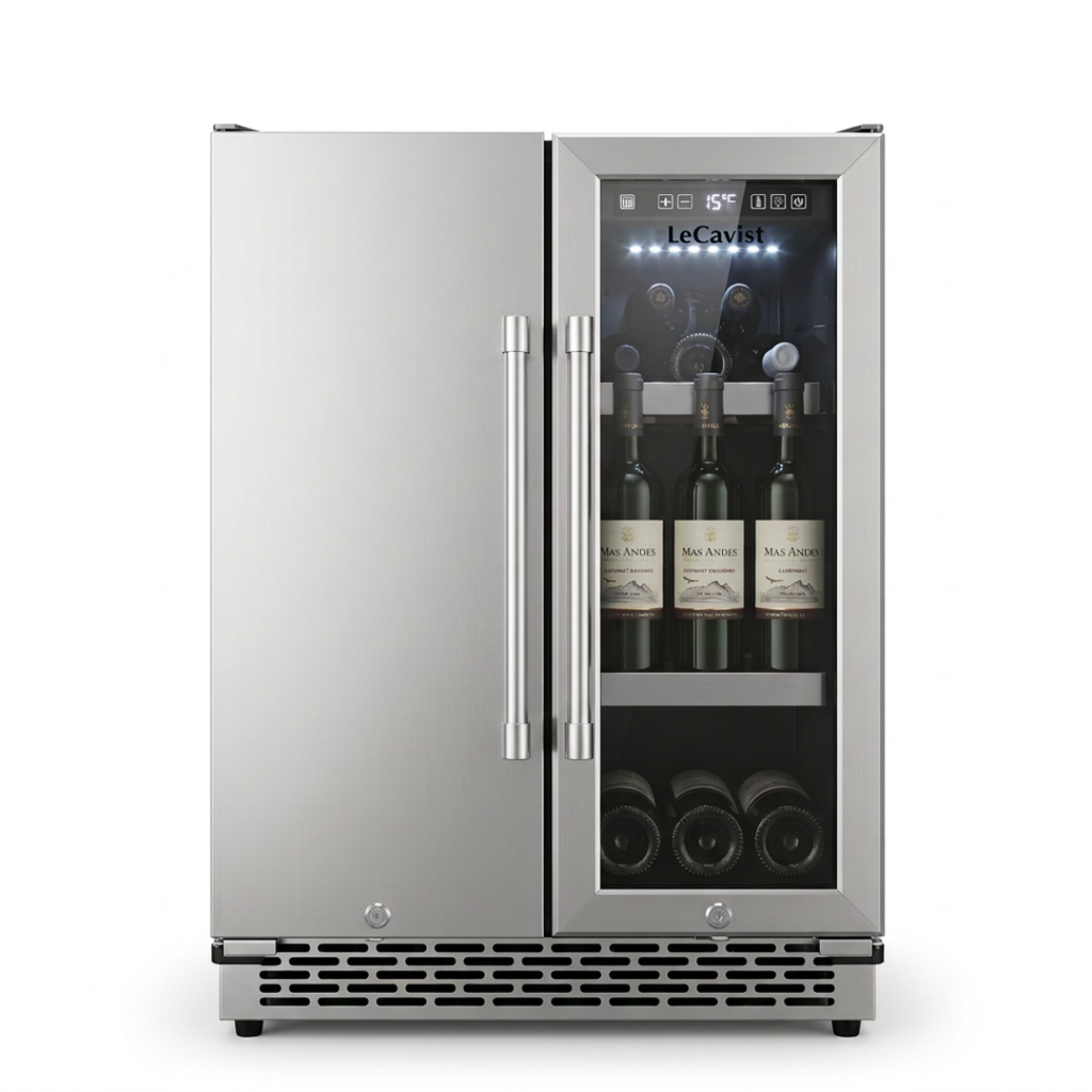 OLEA outdoor wine and beverage cabinet 60cm dual zone, both doors closed, interior lit