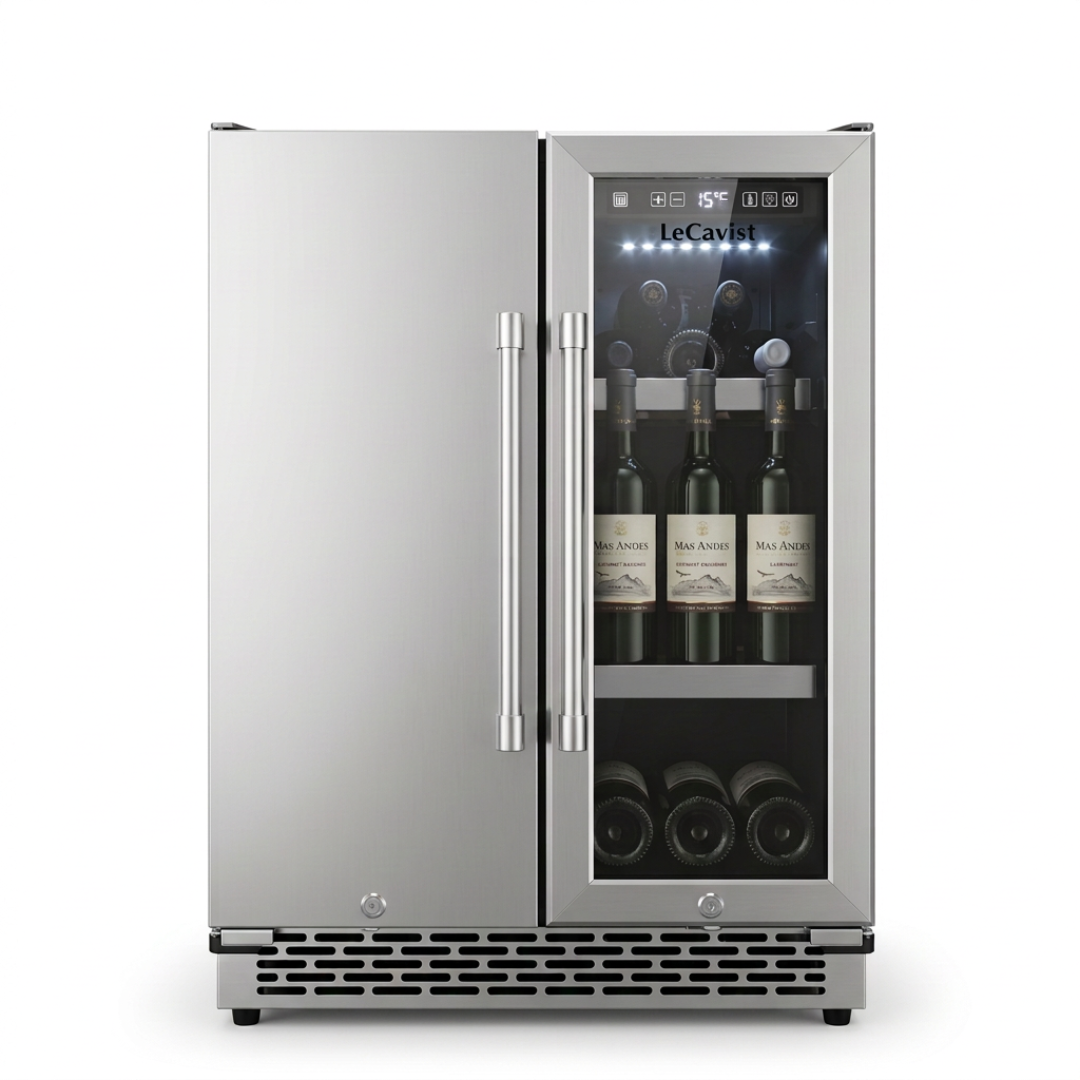 OLEA outdoor wine and beverage cabinet 60cm dual zone, both doors closed, interior lit