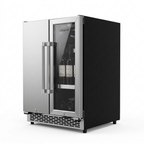 Outdoor wine and beverage cabinet, three-quarter view, solid wine door and glass beverage door