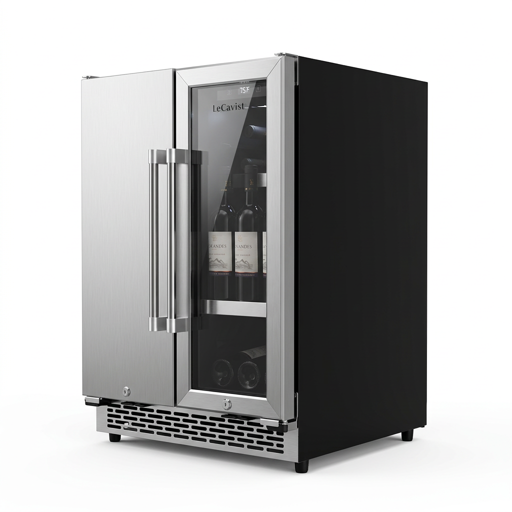 Outdoor wine and beverage cabinet, three-quarter view, solid wine door and glass beverage door