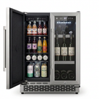 Outdoor wine and beverage cabinet with both doors open, wine on the left and drinks on the right
