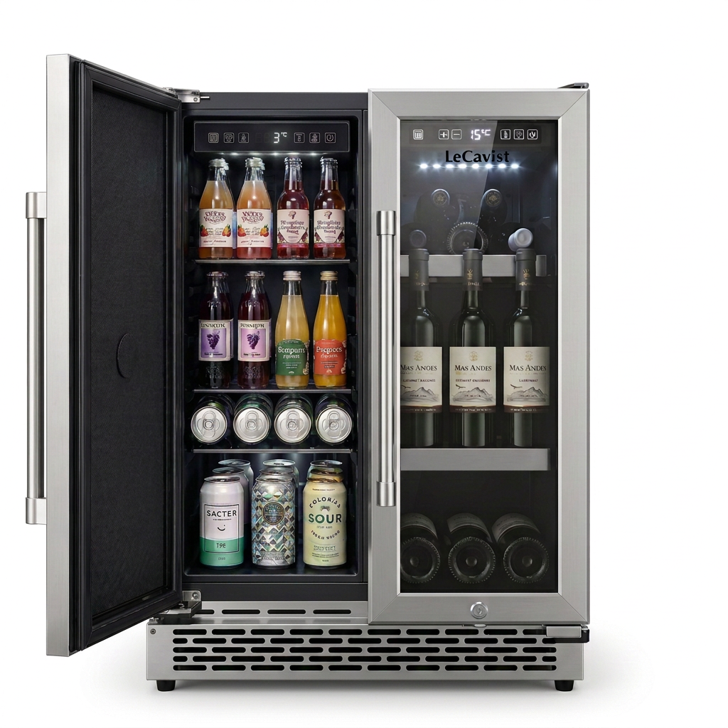 Outdoor wine and beverage cabinet with both doors open, wine on the left and drinks on the right