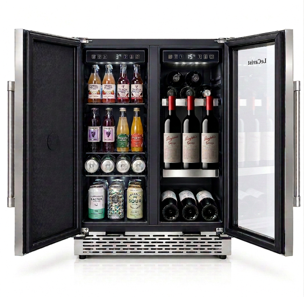 Both compartments of the 60cm dual zone cabinet open and fully loaded