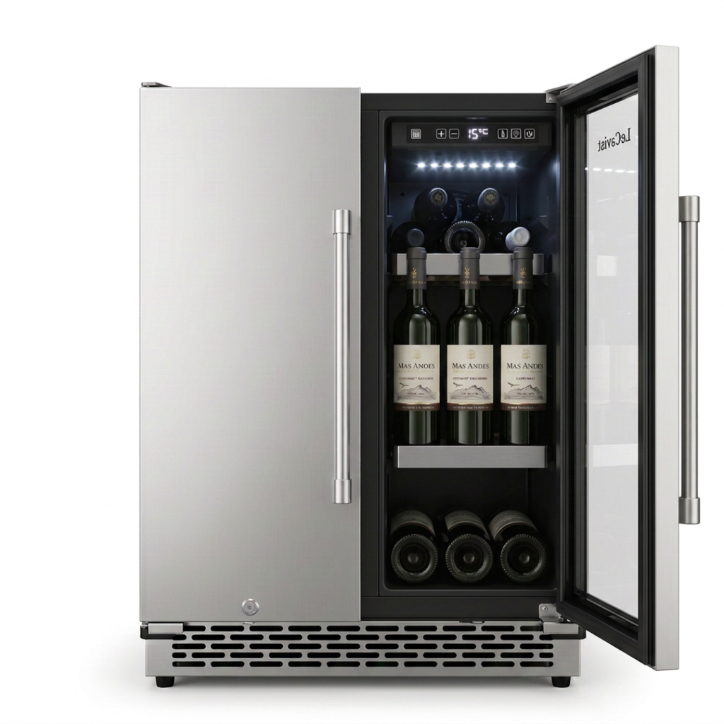 Glass beverage door open on the outdoor dual zone cabinet