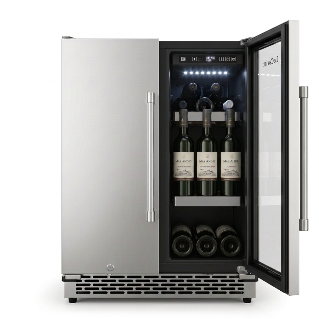 Glass beverage door open on the outdoor dual zone cabinet