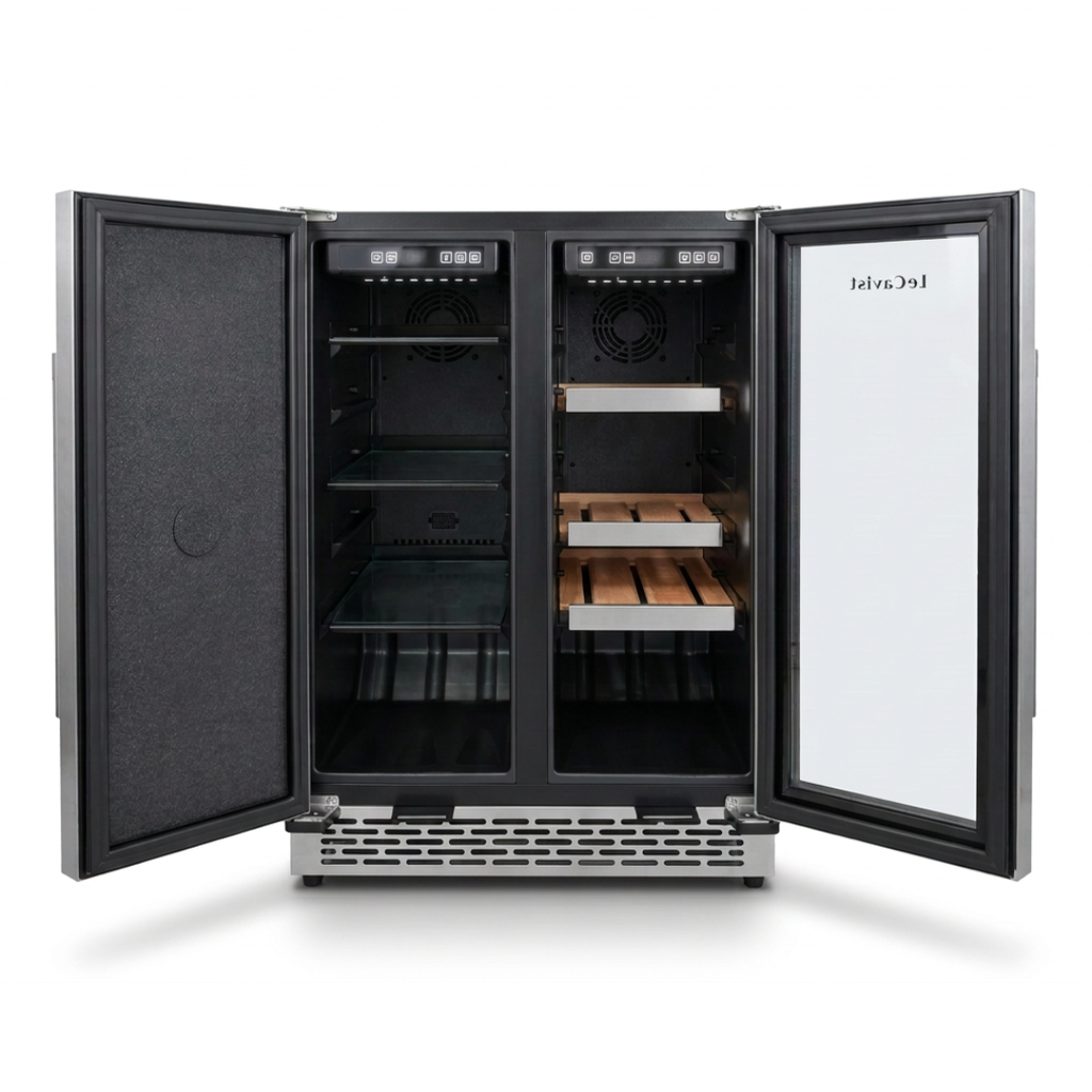 Both doors open showing the empty wooden wine shelves and beverage racks