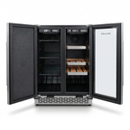 Both doors open showing the empty wooden wine shelves and beverage racks