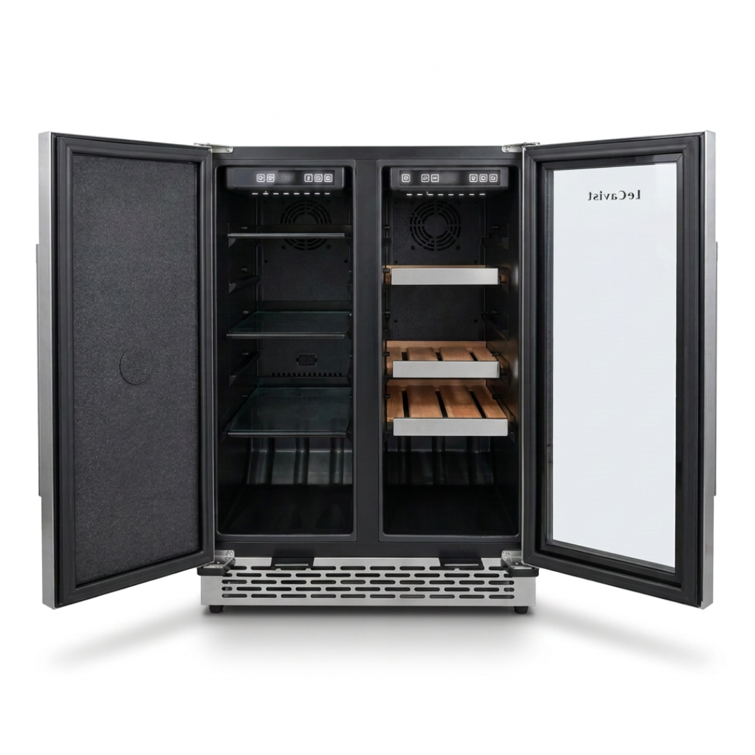 Both doors open showing the empty wooden wine shelves and beverage racks