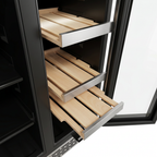 Sliding solid beech shelves pulled out of the wine compartment
