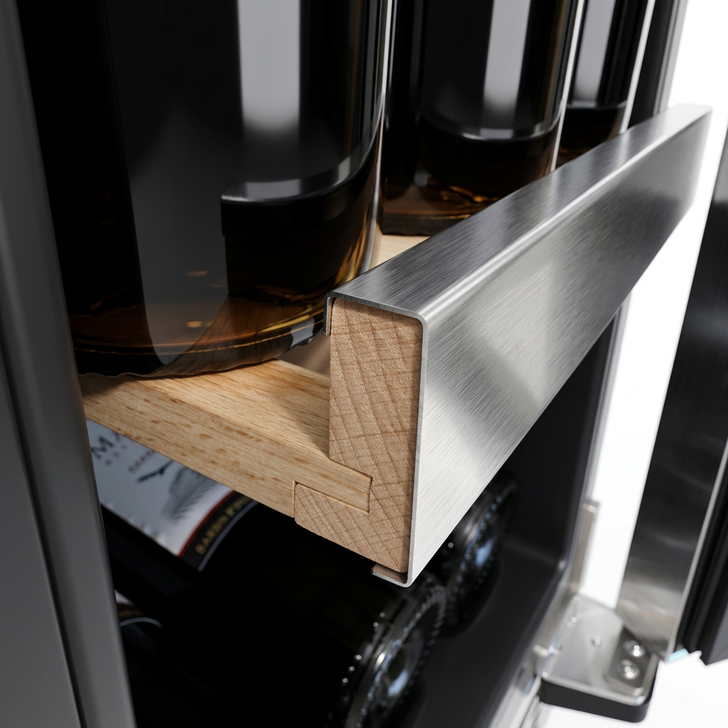 Beech wine shelf sliding on its stainless steel runner