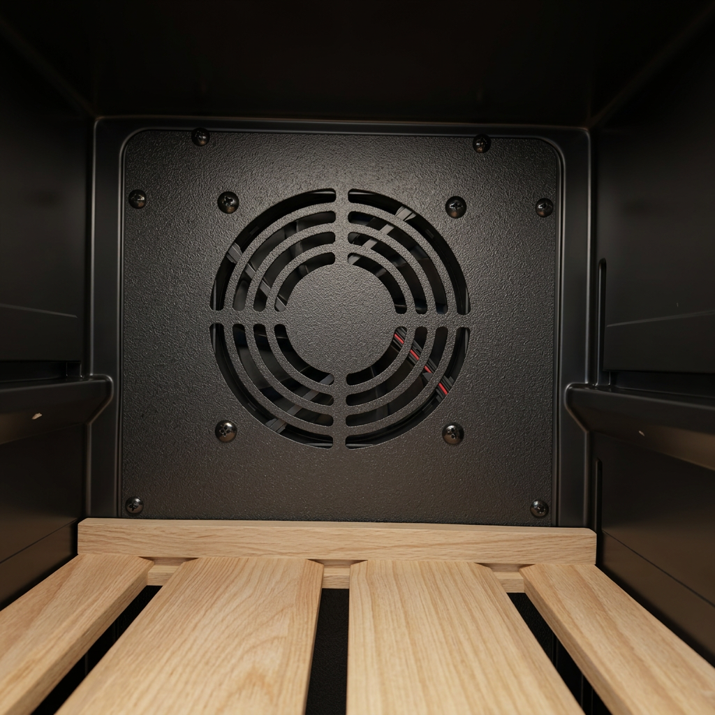 Circulation fan and beech shelf inside the wine compartment