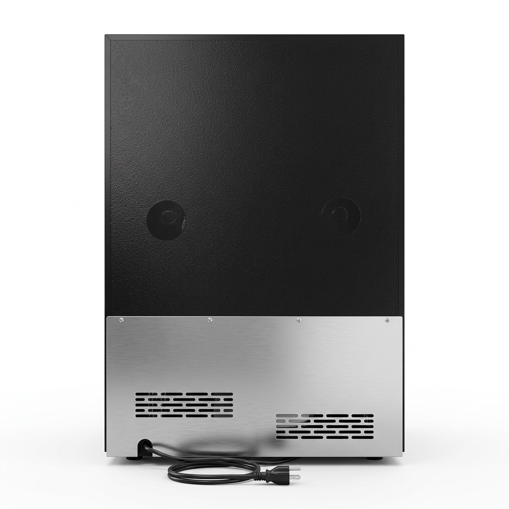 Rear of the 60cm dual zone cabinet with ventilation grille and power lead